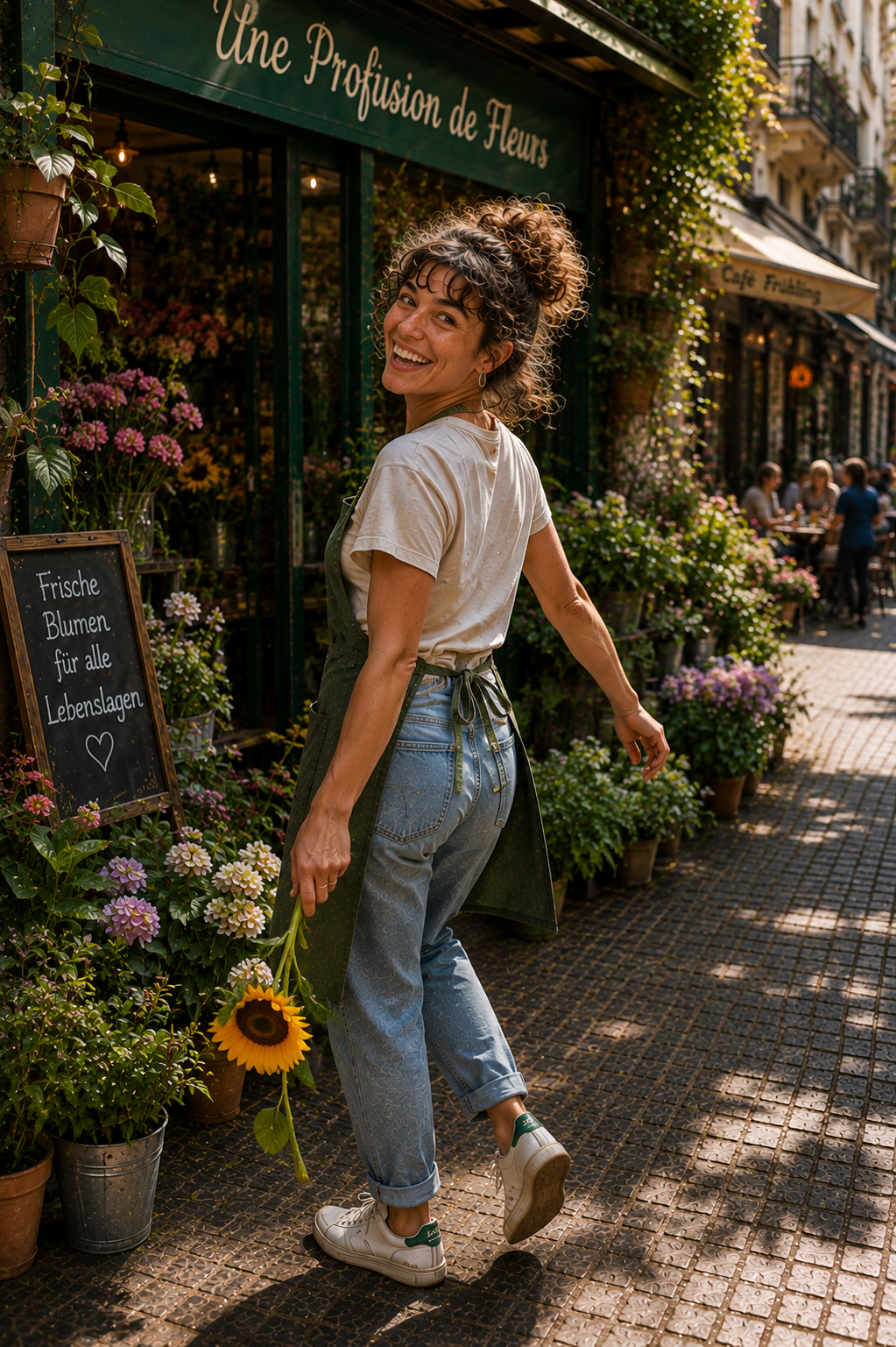Tracy vor ihrem Blumenladen in der Königsstrasse
